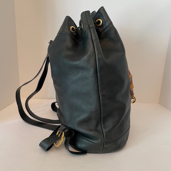 Gucci Black Leather Backpack Vintage Side Bamboo Handle Drawstring - Picture 5 of 16